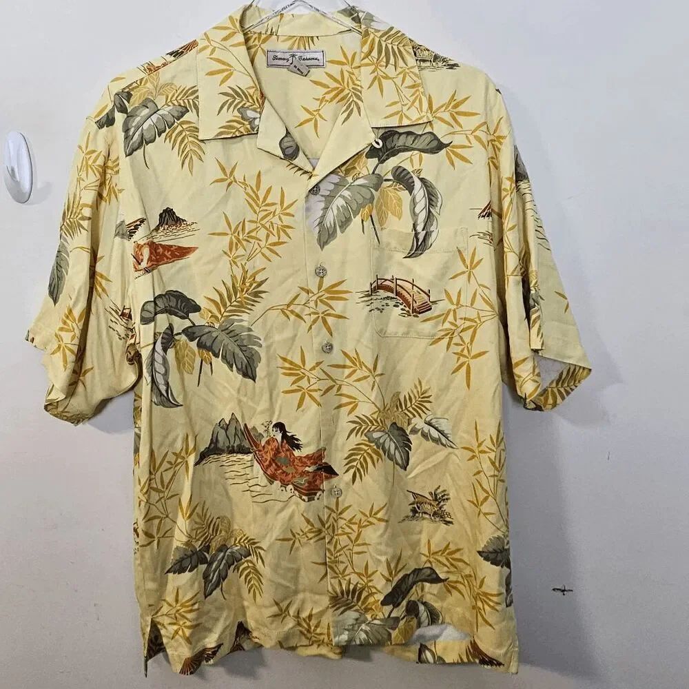 Tommy Bahama Asian Oriental Girl Button Down Silk Hawaiian Shirt Men's Yellow/Gr